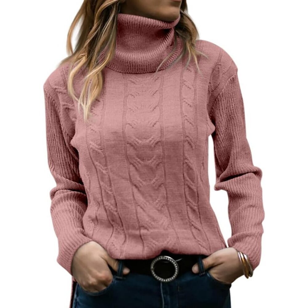 Womens Dark Pink Pull On Cable Knit Turtleneck Long Sleeve Casual Warm Sweaters